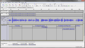 Showing Audacity's Labels track, spanning sections of audio, with values filled in