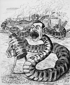 Cartoon from 1940s, snake labelled Standard Oil and and Oil can, destruction and pollution pictured in background.
