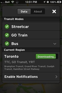 Screen shot of Transit, front panel showing some Toronto area agencies it supports