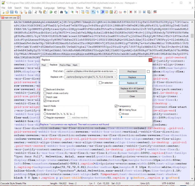One of the minimized CSS files, modified with Notepad++