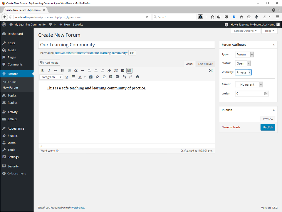 Screenshot showing Forum creation. 